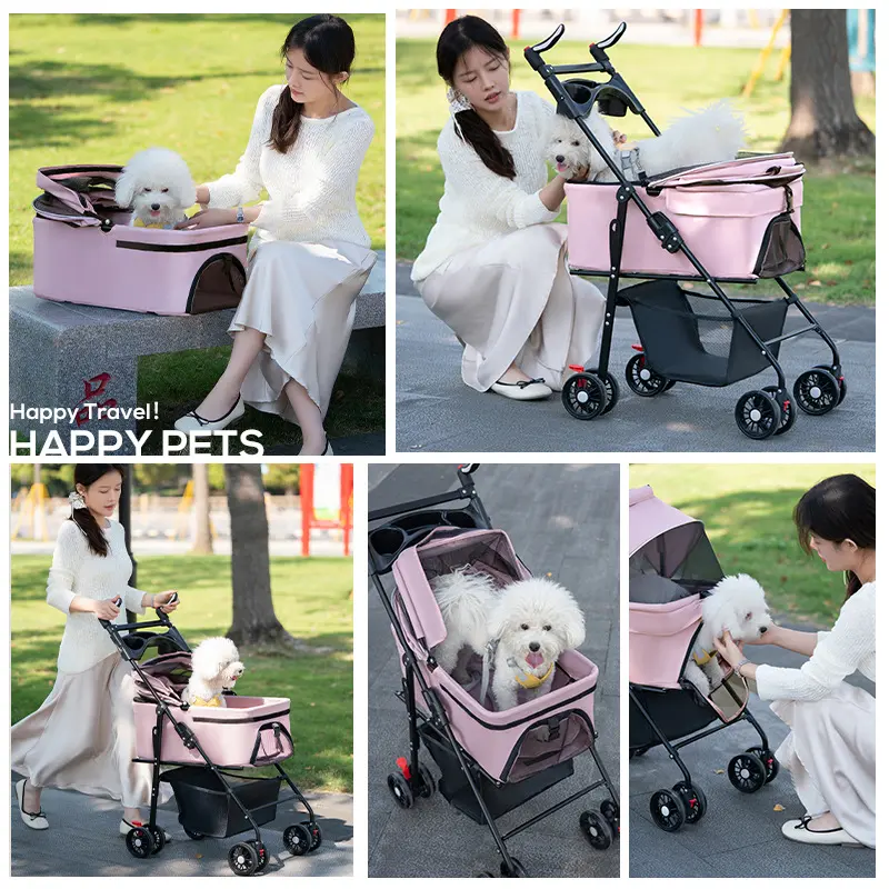 Collapsible Detachable Small Lightweight Pink Cat Dog Pet Stroller for Dogs