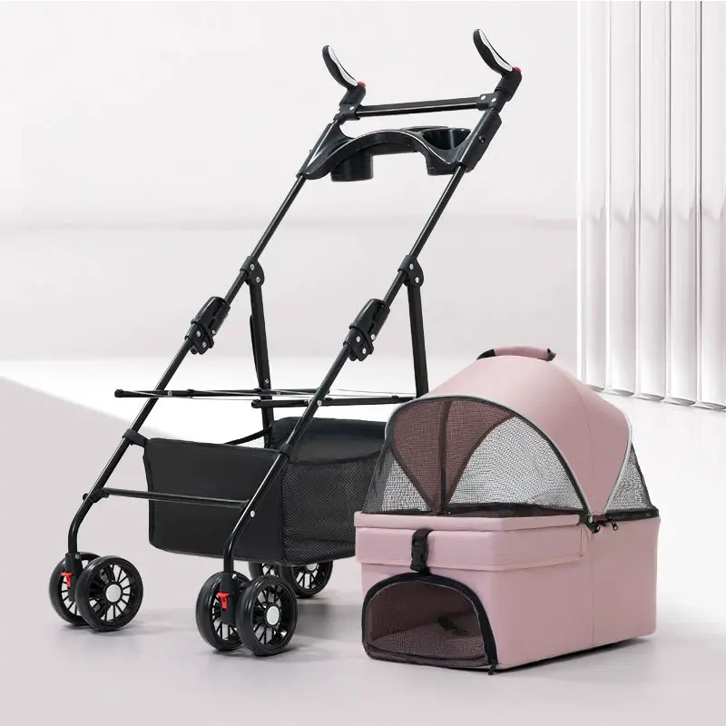 Collapsible Detachable Small Lightweight Pink Cat Dog Pet Stroller for Dogs
