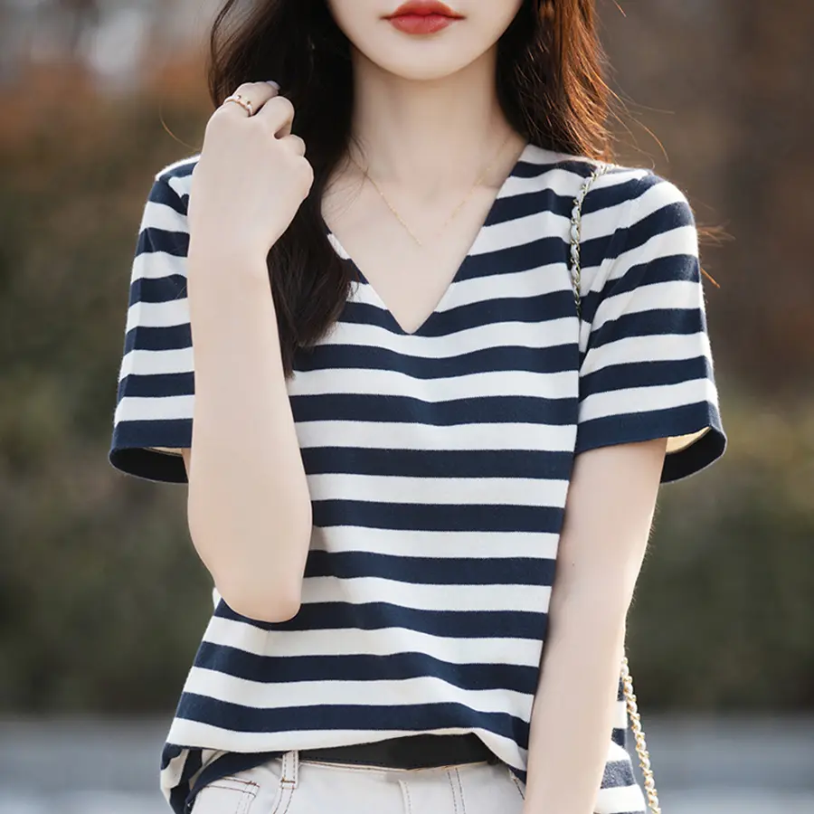Women Stripe V-Neck Sweater Shirt Summer Thin Cotton Soft Short Sleeve Knitted Pullovers Casual Korea Fashion Tee Tops Female