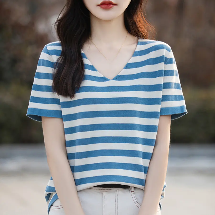 Women Stripe V-Neck Sweater Shirt Summer Thin Cotton Soft Short Sleeve Knitted Pullovers Casual Korea Fashion Tee Tops Female