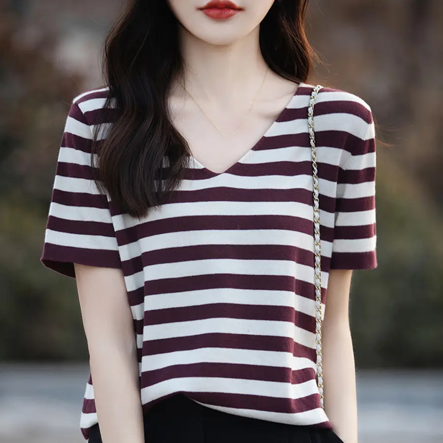 Women Stripe V-Neck Sweater Shirt Summer Thin Cotton Soft Short Sleeve Knitted Pullovers Casual Korea Fashion Tee Tops Female
