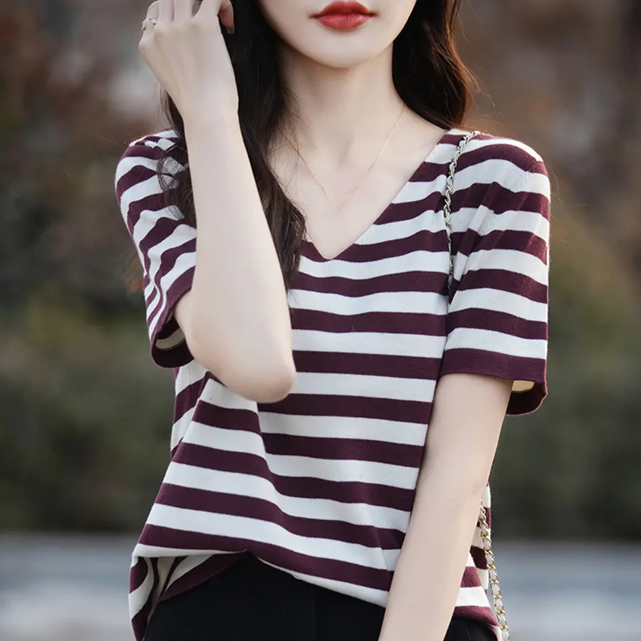 Women Stripe V-Neck Sweater Shirt Summer Thin Cotton Soft Short Sleeve Knitted Pullovers Casual Korea Fashion Tee Tops Female