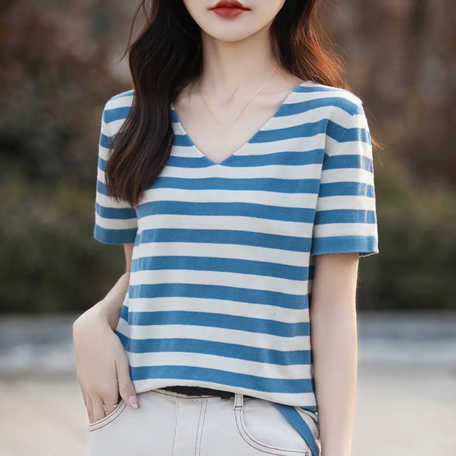 Women Stripe V-Neck Sweater Shirt Summer Thin Cotton Soft Short Sleeve Knitted Pullovers Casual Korea Fashion Tee Tops Female