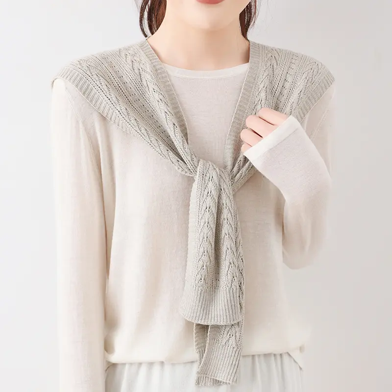 Solid Color Hollowed-Out Wheat Ear Pattern Square Knitted Shawl, Women'S Wool Shawl, Casual Neck Scarf, Paired With Shirt