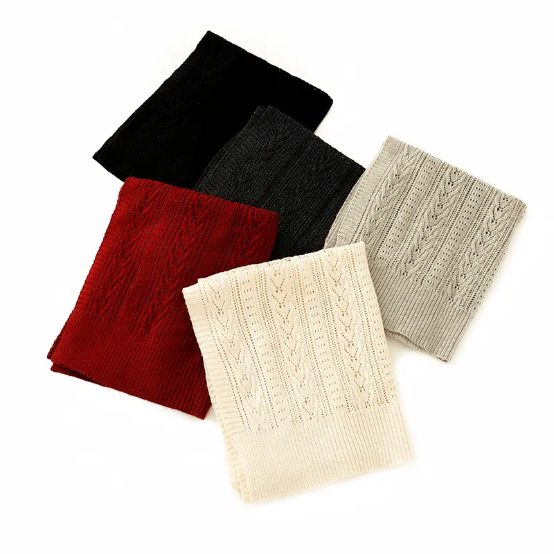 Solid Color Hollowed-Out Wheat Ear Pattern Square Knitted Shawl, Women'S Wool Shawl, Casual Neck Scarf, Paired With Shirt