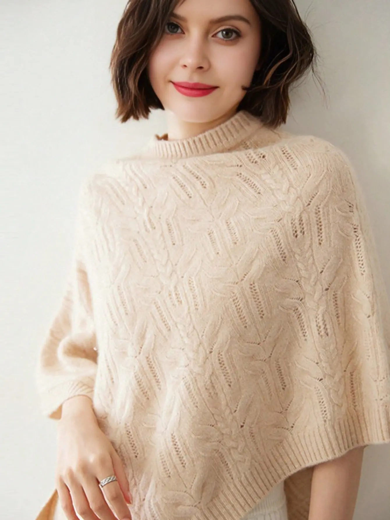 1Pcs women's 100% Merino wool round neck hollow cape irregular butterfly flower knitted cape shawl