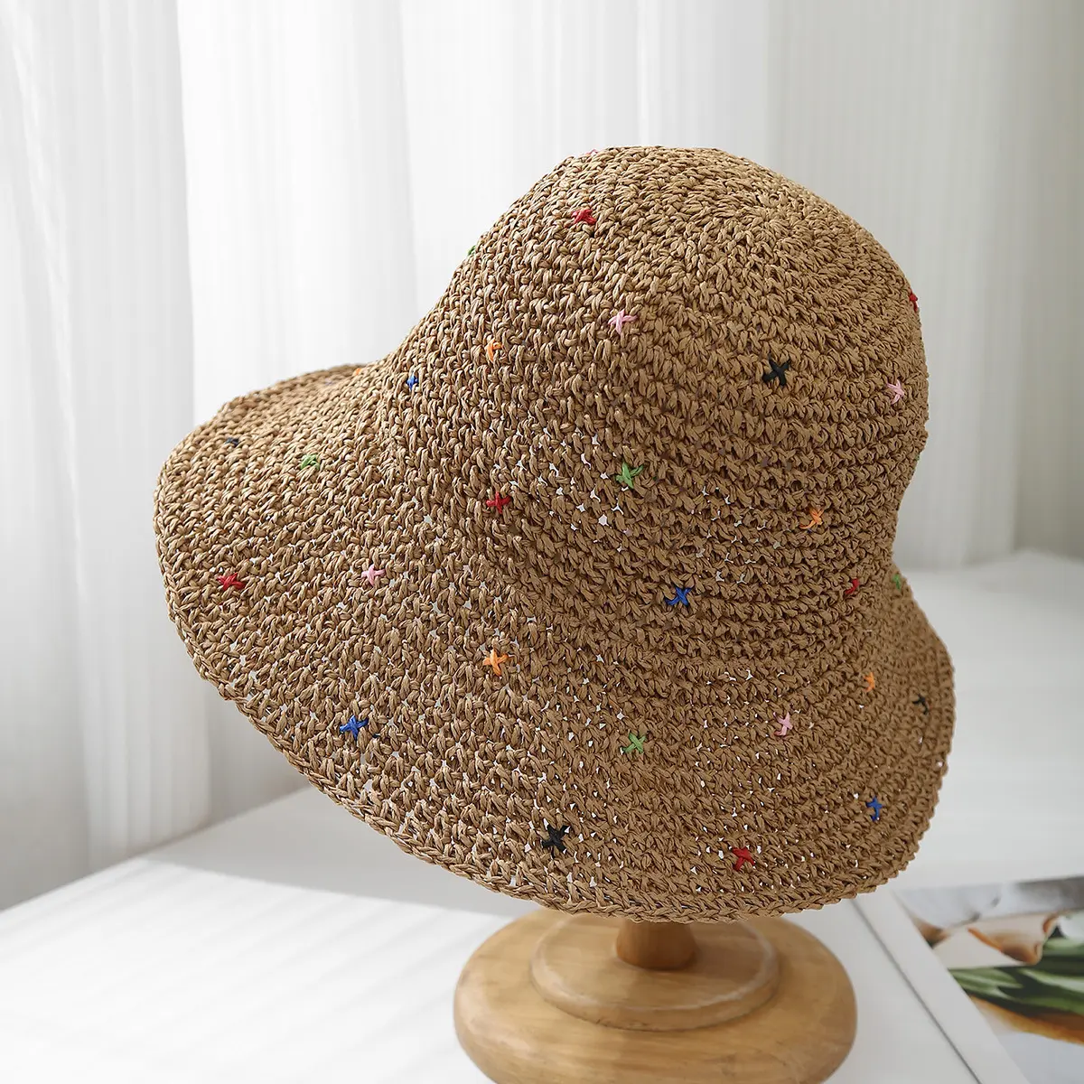 Women Summer Colorful Straw Hat Crochet Foldable UV Protect Bucket Outdoor Fishman Panama Fashion Beach Travel Sunscreen Cap