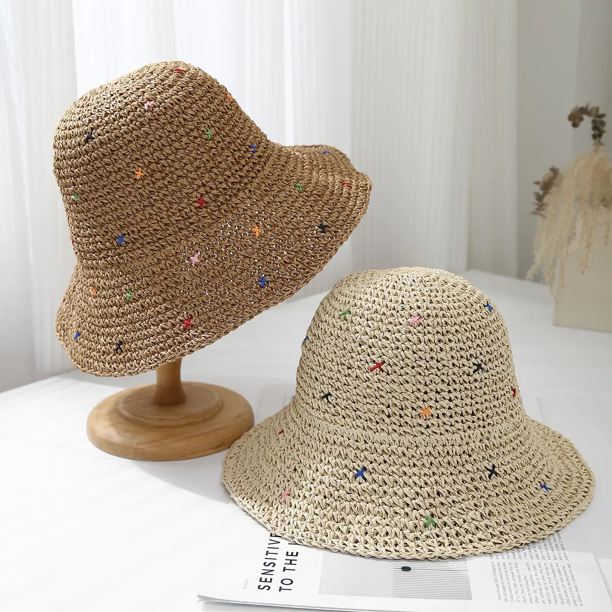 Women Summer Colorful Straw Hat Crochet Foldable UV Protect Bucket Outdoor Fishman Panama Fashion Beach Travel Sunscreen Cap
