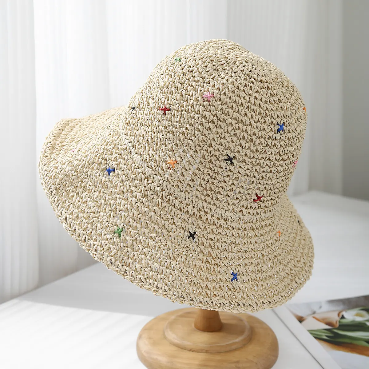 Women Summer Colorful Straw Hat Crochet Foldable UV Protect Bucket Outdoor Fishman Panama Fashion Beach Travel Sunscreen Cap
