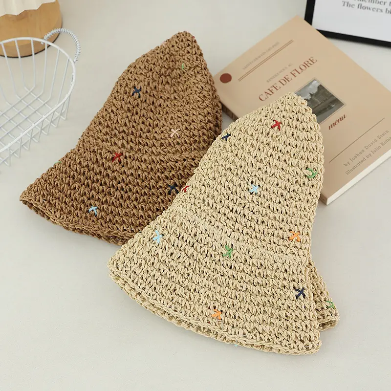 Women Summer Colorful Straw Hat Crochet Foldable UV Protect Bucket Outdoor Fishman Panama Fashion Beach Travel Sunscreen Cap