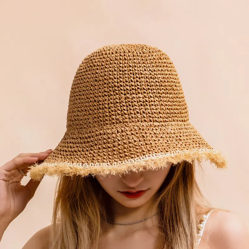 Crochet Straw Hat for Women Summer Handmade Hollow Out Panama Raffia Paper Tassel Edge Beach Hats UV Protect Foldable Sun Visor