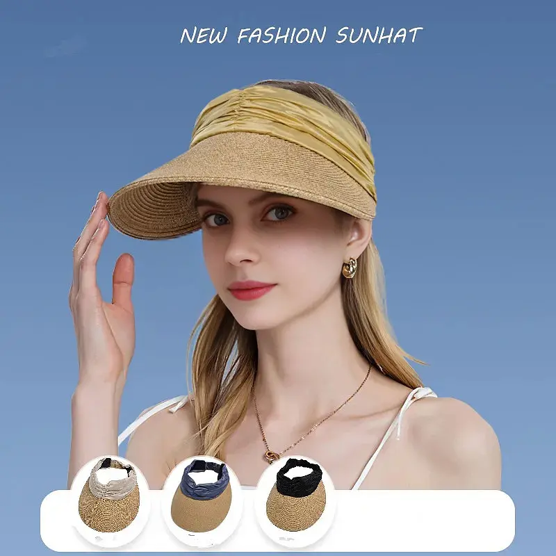Summer Empty Top Straw Hat WIde Brim Soft Elastic Adjustable UV Protect Ponytail Beach Hats Foldable Lightweight Baseball Hat