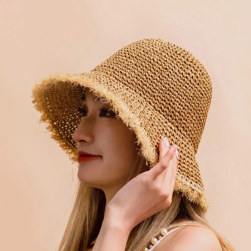 Crochet Straw Hat for Women Summer Handmade Hollow Out Panama Raffia Paper Tassel Edge Beach Hats UV Protect Foldable Sun Visor