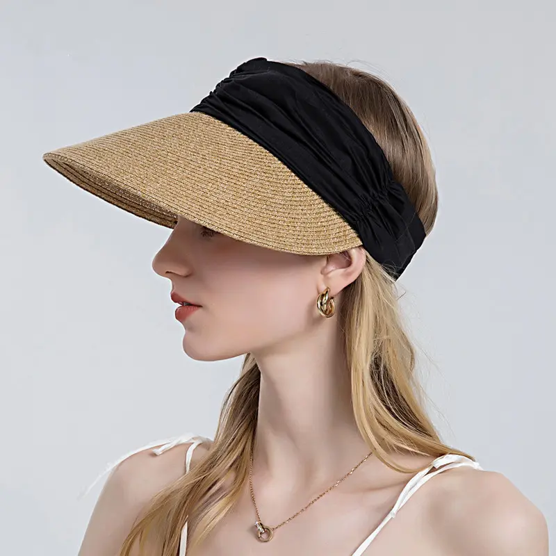 Summer Empty Top Straw Hat WIde Brim Soft Elastic Adjustable UV Protect Ponytail Beach Hats Foldable Lightweight Baseball Hat