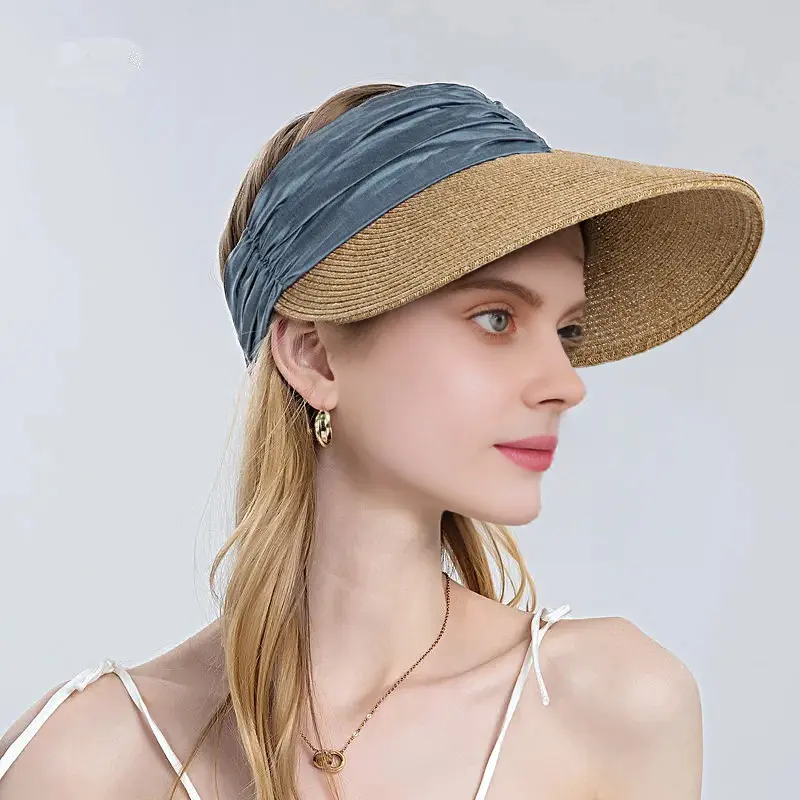 Summer Empty Top Straw Hat WIde Brim Soft Elastic Adjustable UV Protect Ponytail Beach Hats Foldable Lightweight Baseball Hat