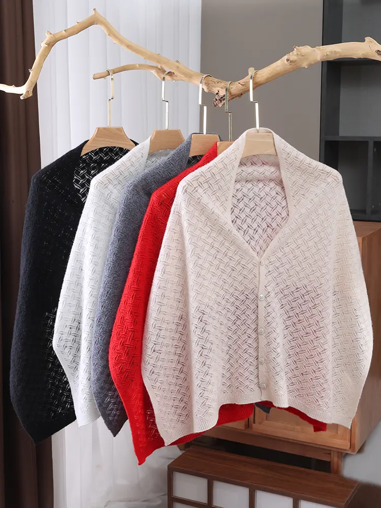 Ladies' 100% wool shawl hollow thin scarf dual-use external cloak knitted shoulder protection air conditioning cardigan shawl