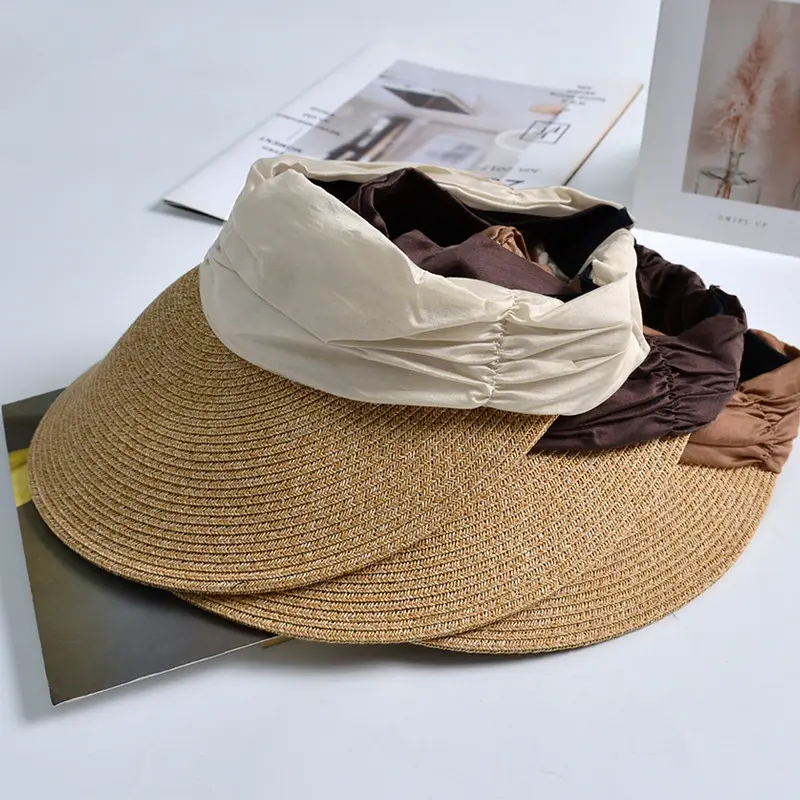 Summer Empty Top Straw Hat WIde Brim Soft Elastic Adjustable UV Protect Ponytail Beach Hats Foldable Lightweight Baseball Hat