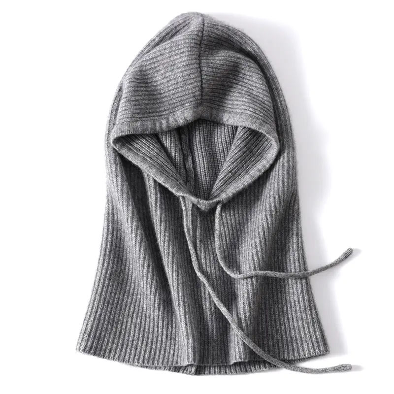 100%Wool Balaclave Beanies For Women&Men Winter Knitted Neck Face Protect Warm Soft Hooded Hats Drawstring Skullies Headgears