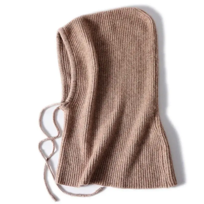 100%Wool Balaclave Beanies For Women&Men Winter Knitted Neck Face Protect Warm Soft Hooded Hats Drawstring Skullies Headgears