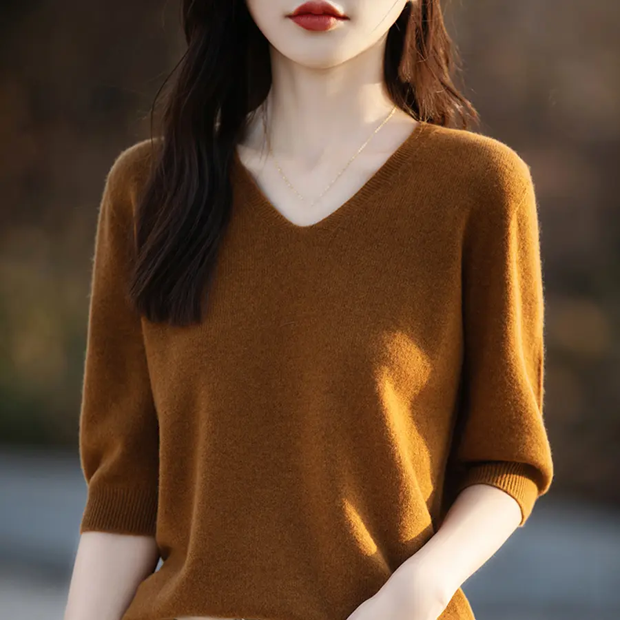 Summer Knitted Sweater Shirt V-Neck Solid Casual Knit Thin T-Shirt Short Sleeve Korea Fashion Pullover Tops Girl