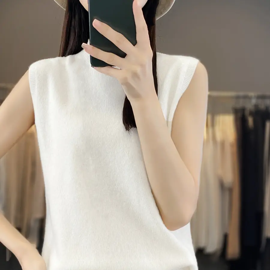 Women Summer Half-turtleneck Vest Knitted Sleeveless Cropped Tank Top Soft Cotton Solid Pullover Sweater Waistcoat Girl