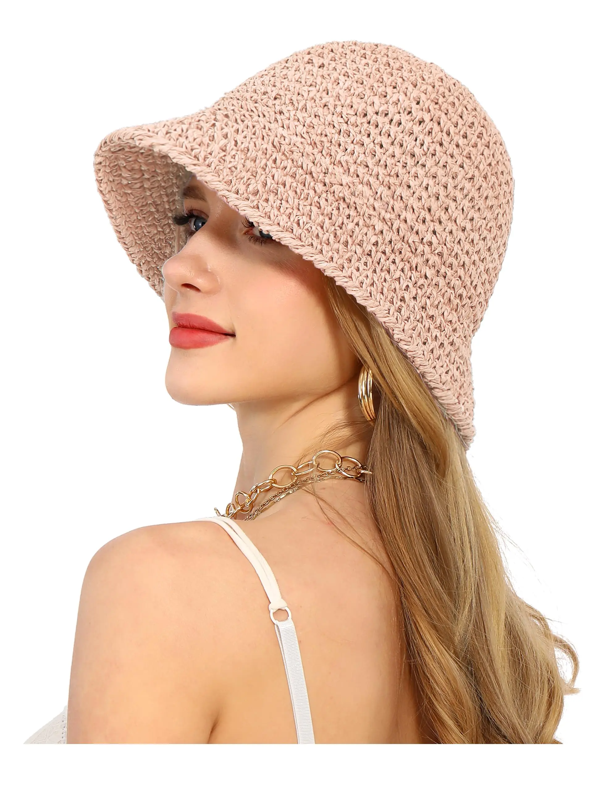 Summer UV-Protect Crochet Straw Bucket Hat for Women Beach Fashionable Breathable Outdoor Sunshade Cap Foldable Visors