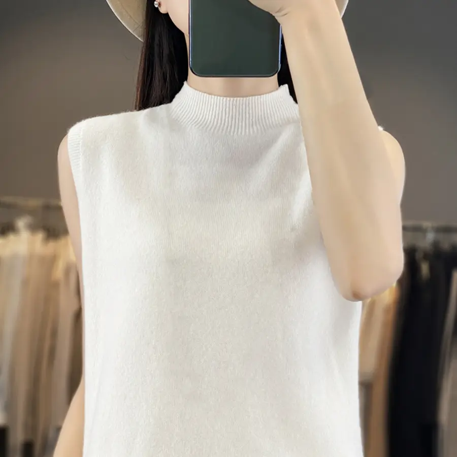 Women Summer Half-turtleneck Vest Knitted Sleeveless Cropped Tank Top Soft Cotton Solid Pullover Sweater Waistcoat Girl