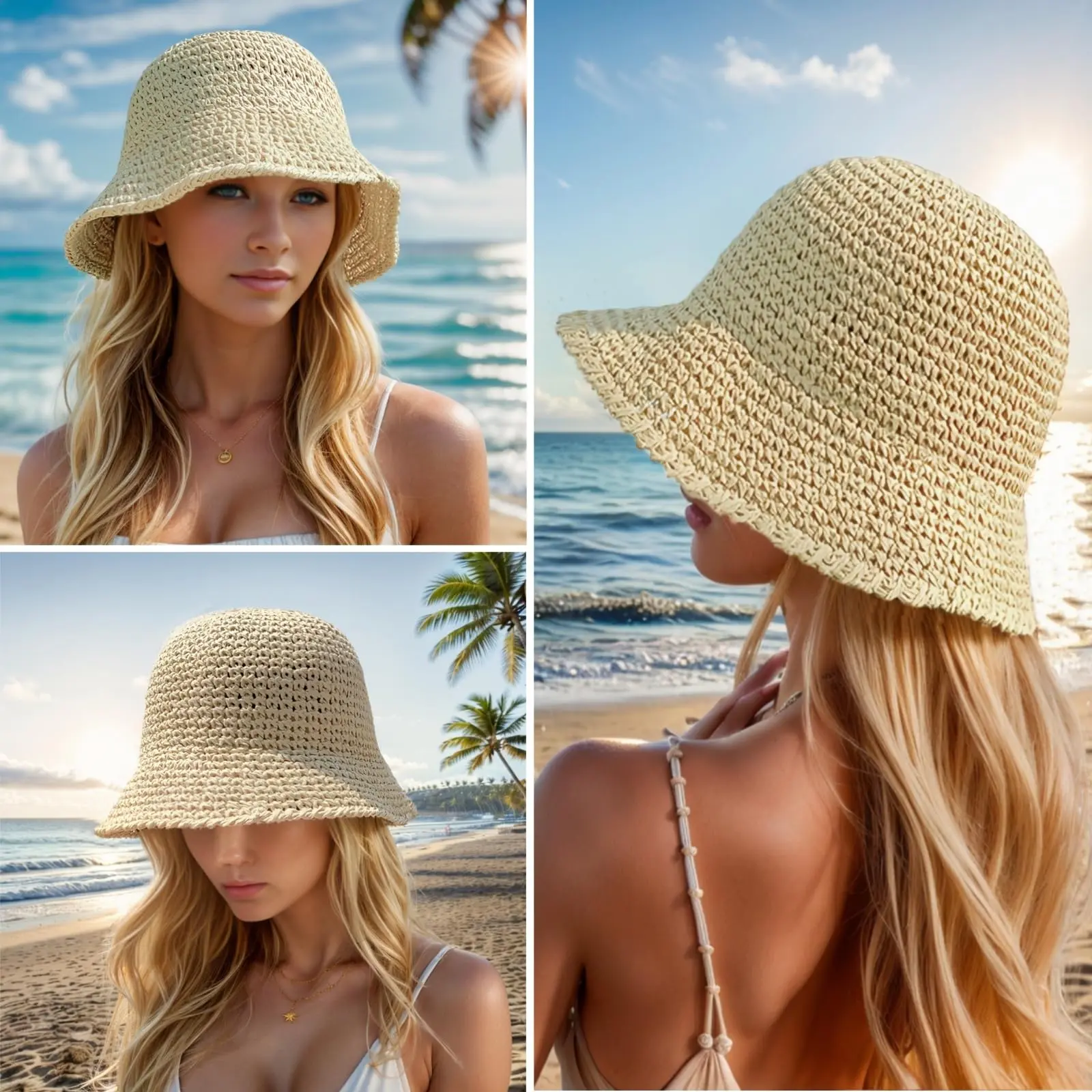 Summer UV-Protect Crochet Straw Bucket Hat for Women Beach Fashionable Breathable Outdoor Sunshade Cap Foldable Visors