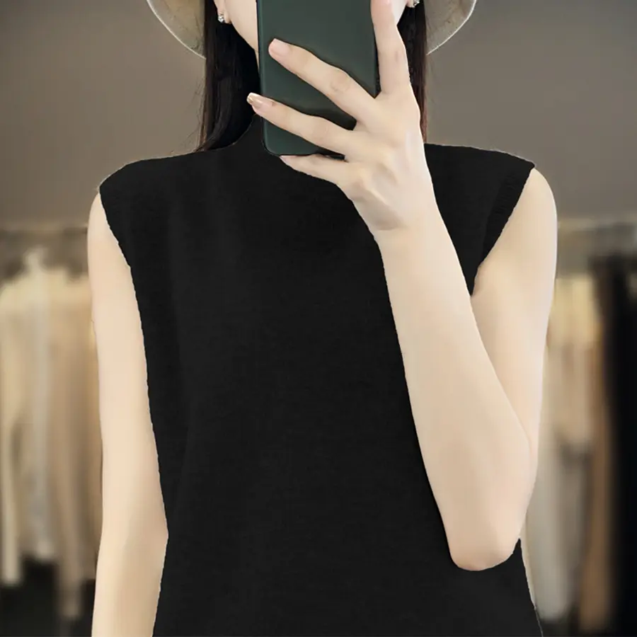 Women Summer Half-turtleneck Vest Knitted Sleeveless Cropped Tank Top Soft Cotton Solid Pullover Sweater Waistcoat Girl