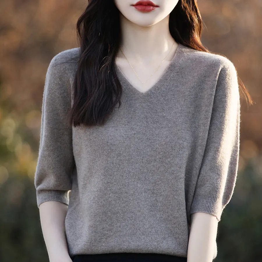 Summer Knitted Sweater Shirt V-Neck Solid Casual Knit Thin T-Shirt Short Sleeve Korea Fashion Pullover Tops Girl