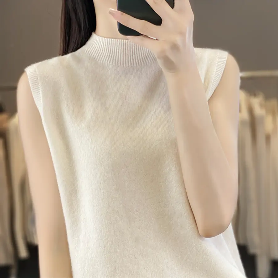 Women Summer Half-turtleneck Vest Knitted Sleeveless Cropped Tank Top Soft Cotton Solid Pullover Sweater Waistcoat Girl