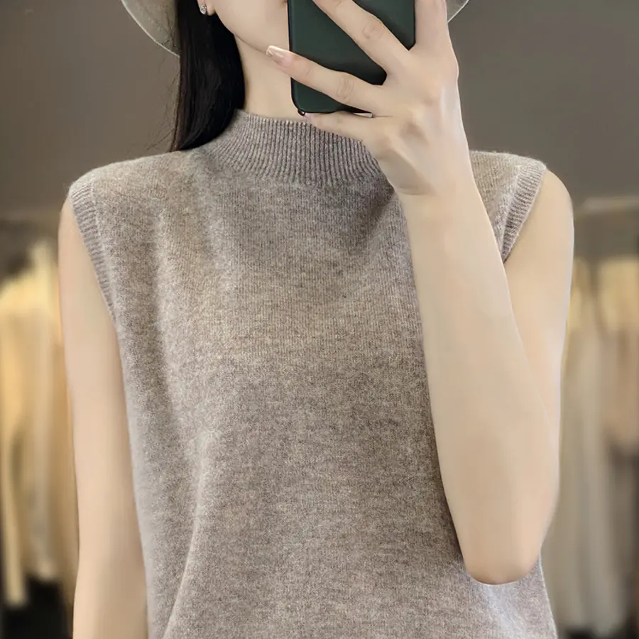 Women Summer Half-turtleneck Vest Knitted Sleeveless Cropped Tank Top Soft Cotton Solid Pullover Sweater Waistcoat Girl