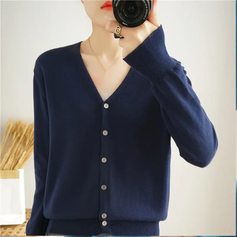 Women's Cardigan For Winter Autumn V-Neck Single Breasted Solid Long Sleeve Cotton Sweater Jakcet Korea Fashion All Match Jumper