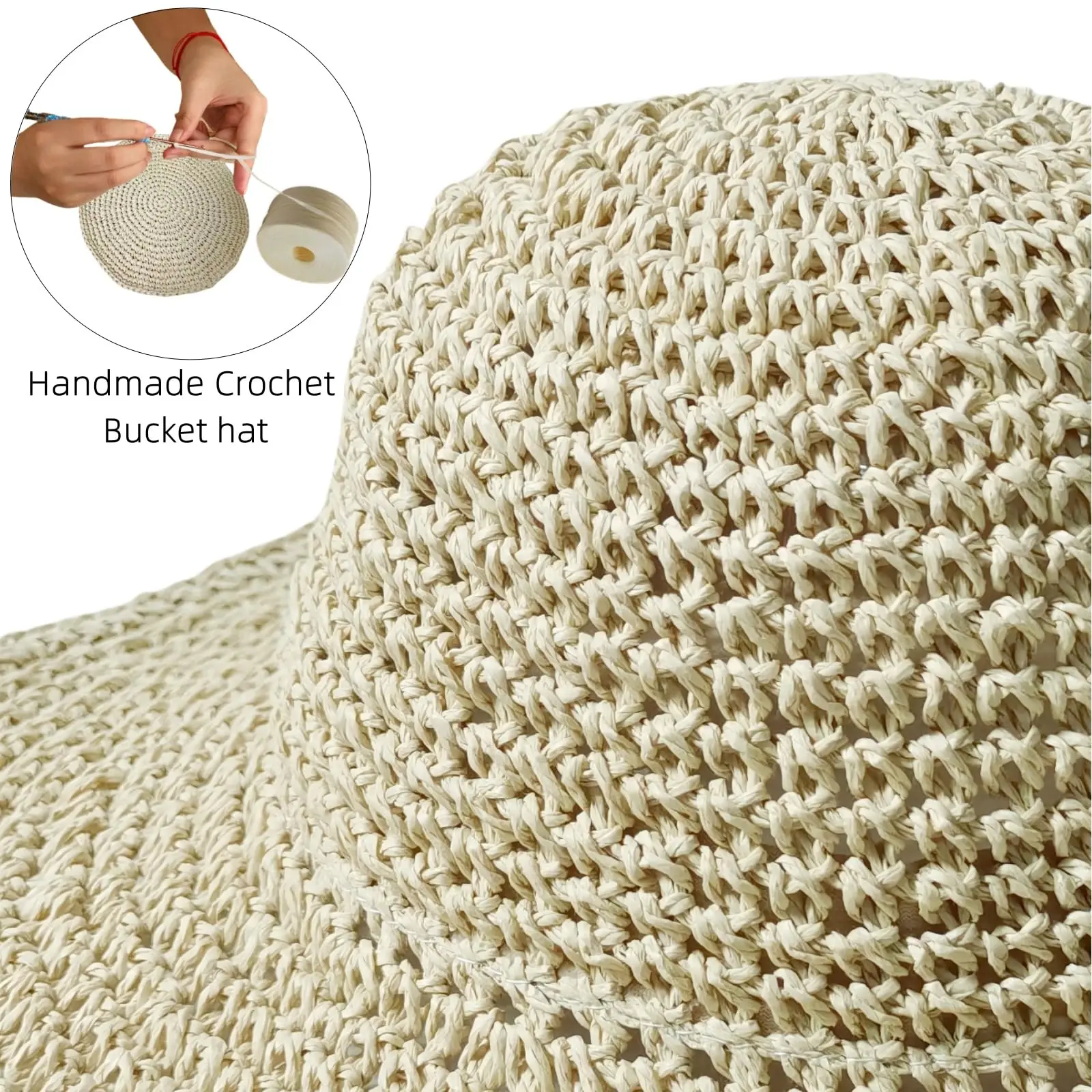 Summer UV-Protect Crochet Straw Bucket Hat for Women Beach Fashionable Breathable Outdoor Sunshade Cap Foldable Visors