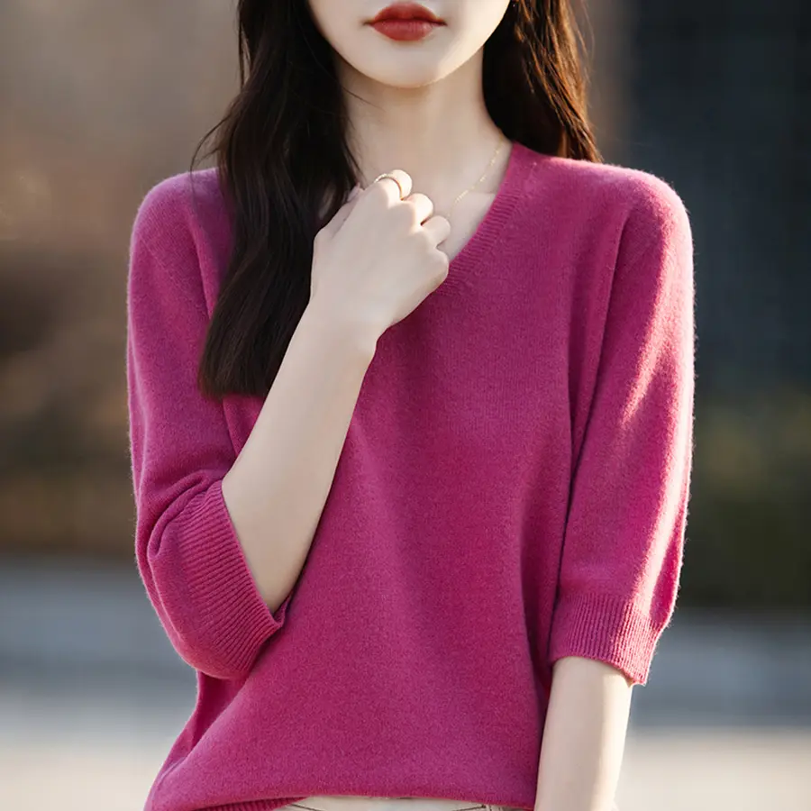 Summer Knitted Sweater Shirt V-Neck Solid Casual Knit Thin T-Shirt Short Sleeve Korea Fashion Pullover Tops Girl