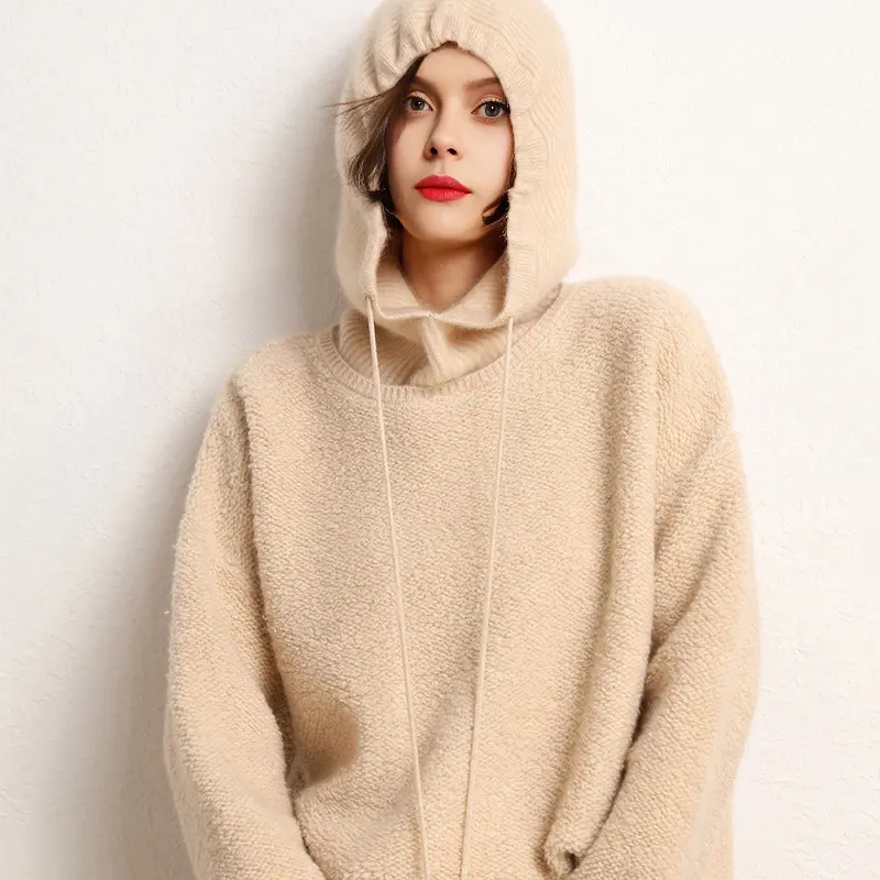 100% Wool Knitted Balaclava Hat For Women Winter Autumn Ear Face Protect Beanies Warm Soft Luxury Cashmere Hat Fashion Collar