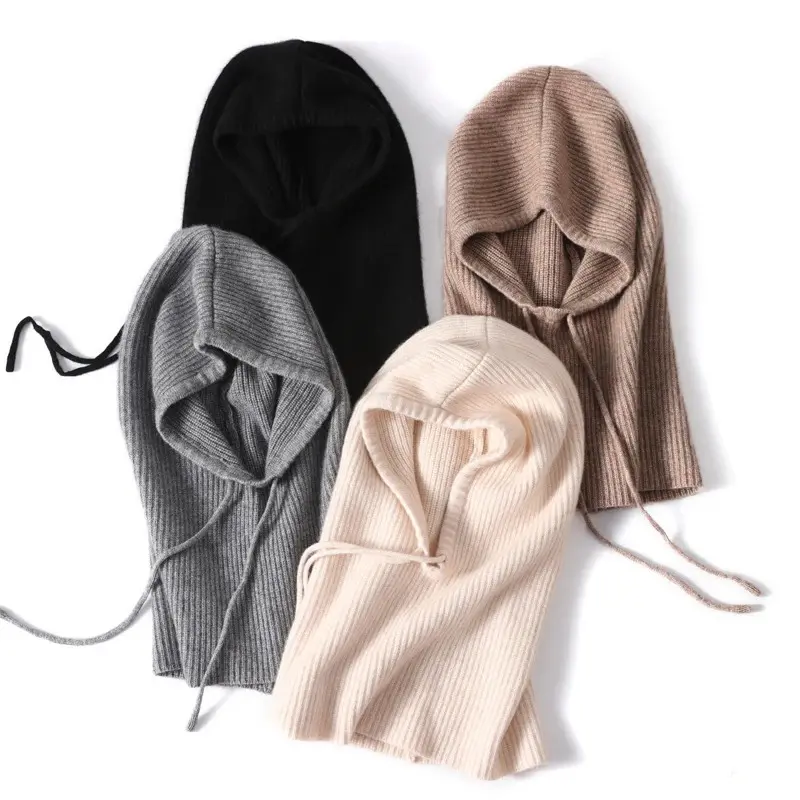 100% Wool Knitted Balaclava Hat For Women Winter Autumn Ear Face Protect Beanies Warm Soft Luxury Cashmere Hat Fashion Collar
