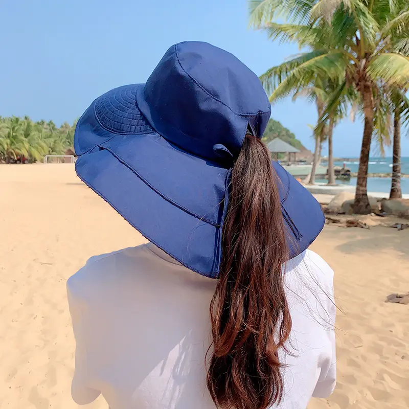 Women's Summer Hat for The Sun Wide Brim UV Neck Protection Solar Beach Bucket Hats Foldable Ponytail Travel Panama Caps Female
