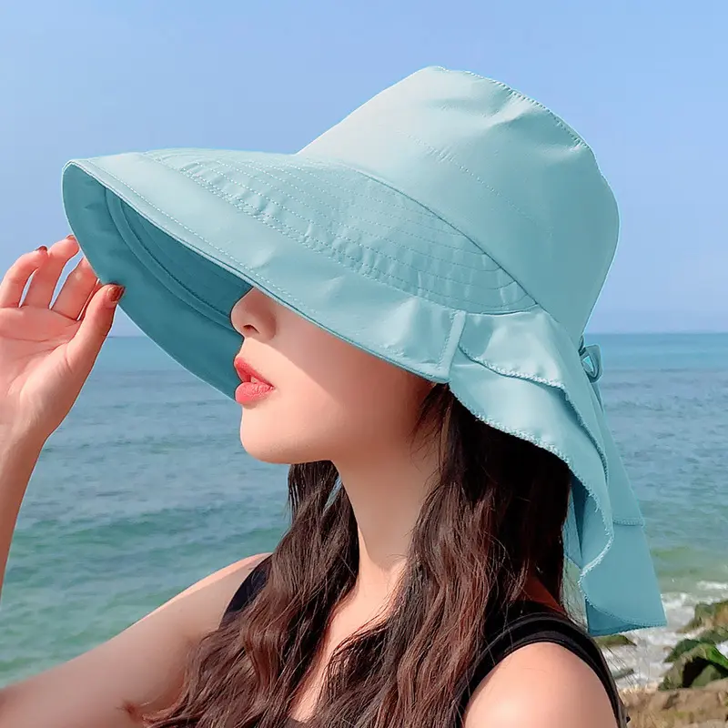 Women's Summer Hat for The Sun Wide Brim UV Neck Protection Solar Beach Bucket Hats Foldable Ponytail Travel Panama Caps Female