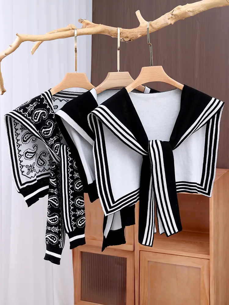 Black And White Striped Square Knitted Shawl, Double-Sided Jacquard Shoulder Guard False Collar, Paired With A Shirt And A Coat