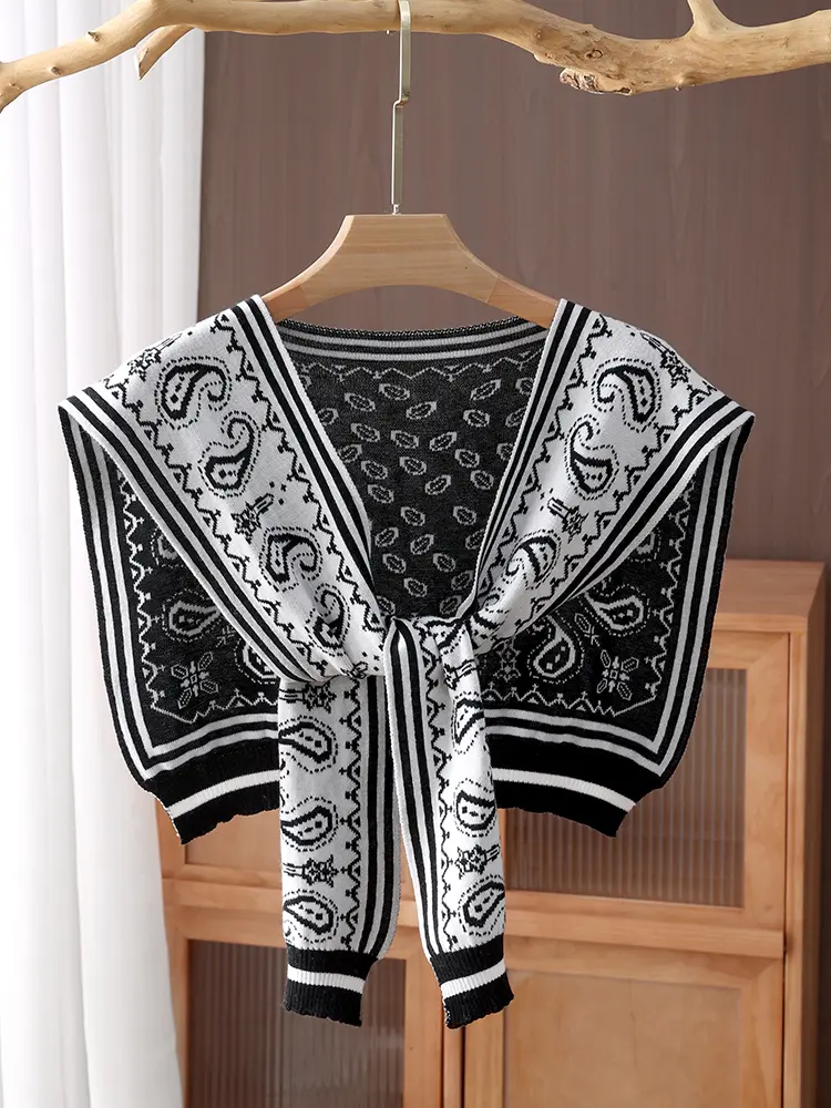 Black And White Striped Square Knitted Shawl, Double-Sided Jacquard Shoulder Guard False Collar, Paired With A Shirt And A Coat