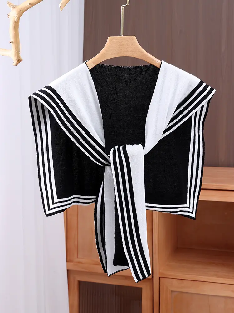 Black And White Striped Square Knitted Shawl, Double-Sided Jacquard Shoulder Guard False Collar, Paired With A Shirt And A Coat
