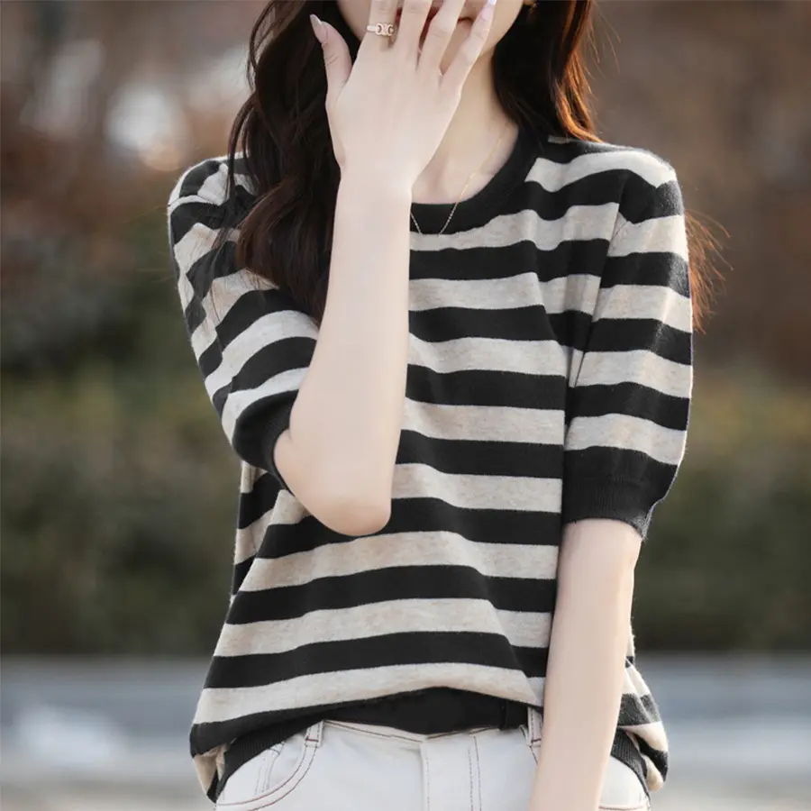Summer O-Neck Short Sleeve Sweater Knitted Stripe Korea Fashion Pullover Shirt Casual Knit T-Shirt Blouse Girl
