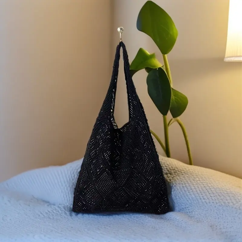 Ladies' Hollowed Out Shoulder Bag, Solid Color Tote Bag, Retro Hollowed Out Knitted Bag, Vertical Square Fashion Crossbody Bag