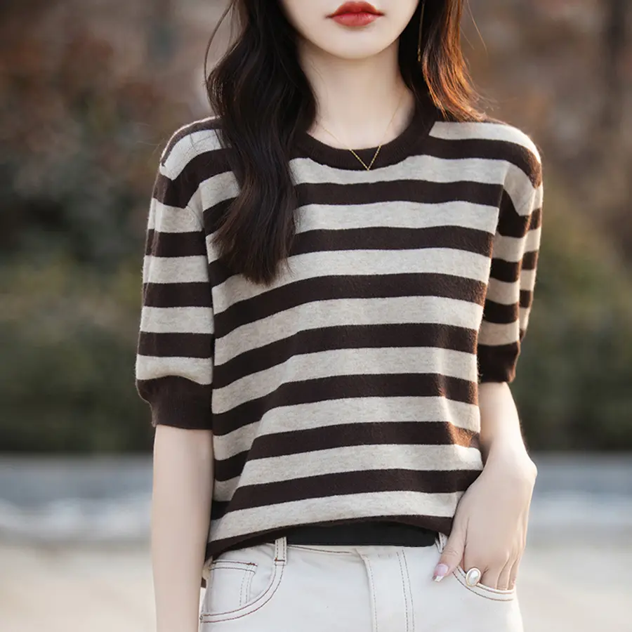 Summer O-Neck Short Sleeve Sweater Knitted Stripe Korea Fashion Pullover Shirt Casual Knit T-Shirt Blouse Girl