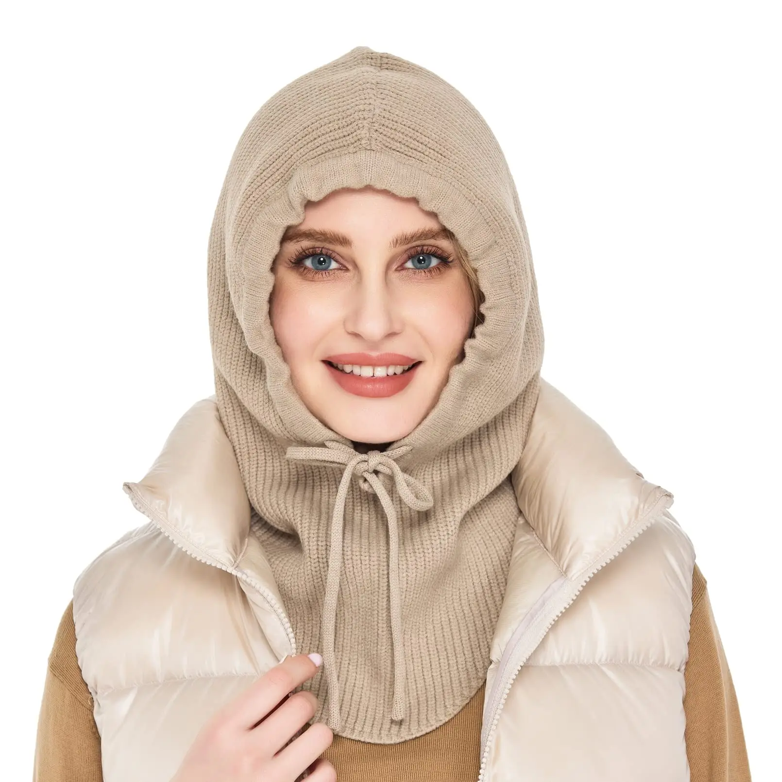 Women Cashmere Wool Hooded Scarf Hat Warm Knit Beanie Cold Proof Fake Collar Beanie Ear Face Protect Balaclava Skullies Cap