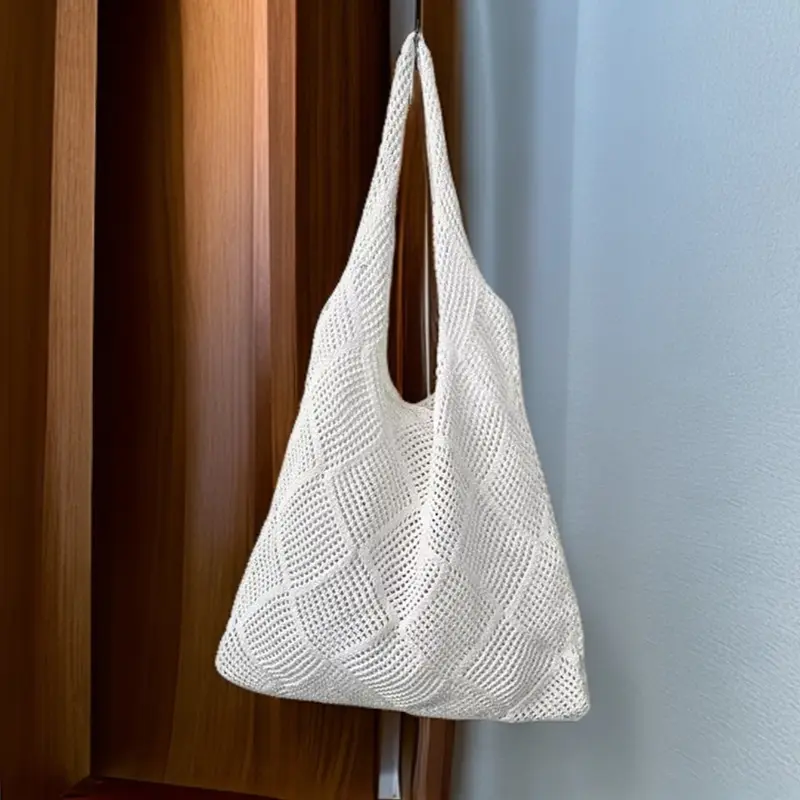 Ladies' Hollowed Out Shoulder Bag, Solid Color Tote Bag, Retro Hollowed Out Knitted Bag, Vertical Square Fashion Crossbody Bag