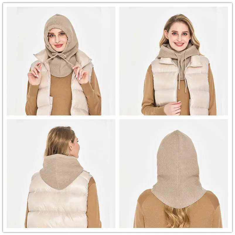 Women Cashmere Wool Hooded Scarf Hat Warm Knit Beanie Cold Proof Fake Collar Beanie Ear Face Protect Balaclava Skullies Cap
