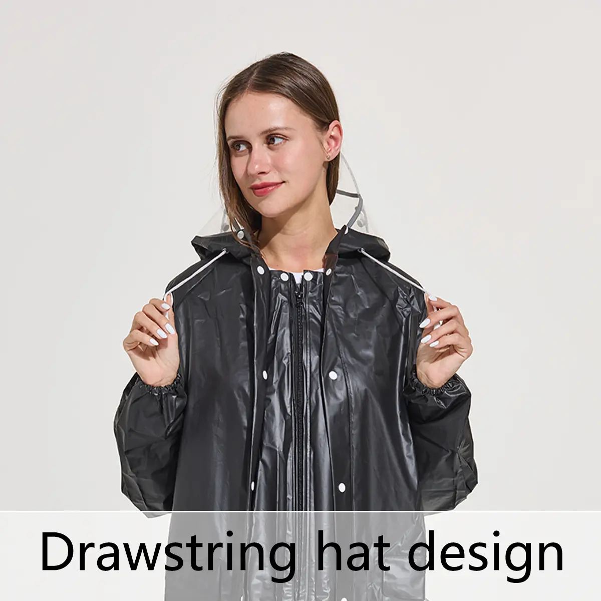 Reflective Stripe Long EVA Raincoat For Women Black Fashion Hooded Thick Waterproof Reusable Rainwear for Outdoor Hiking Travel