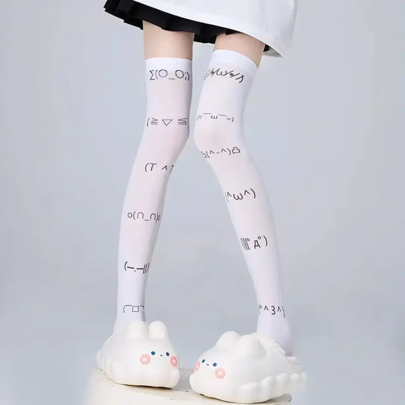 White Kawaii Expression Graffiti Letter Print Long Socks Harajuku Over Knee Thigh High Stockings Y2K Cosplay Cute Socks Kawaii